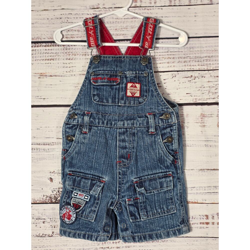 Radio Flyer Baby Denim Short Overalls 18M Red Stitch Wagon Embroidered Button